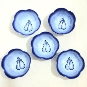 5 Vintage White and Blue  Textured Flower with Eggplant Dipping Sauce Bowls